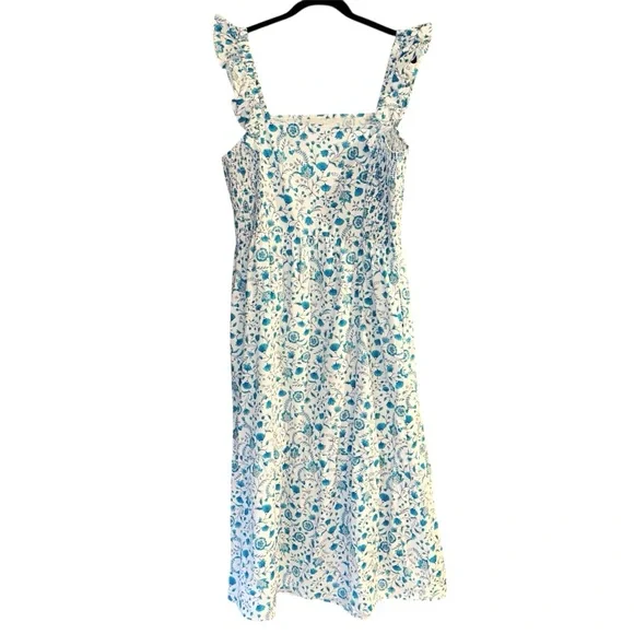 Draper James Floral Dress Blue & White Ruffle Sleeve 100% Cotton Maxi Size XXL - Picture 5 of 10
